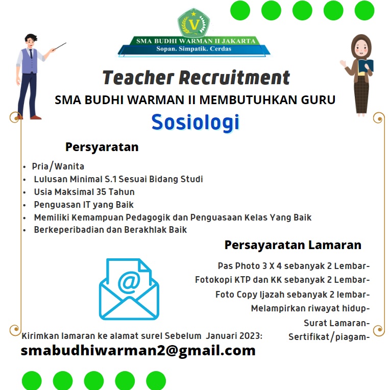 SMA Budhi Warman Membutuhkan Guru Mengajar Mata Pelajaran Sosiologi